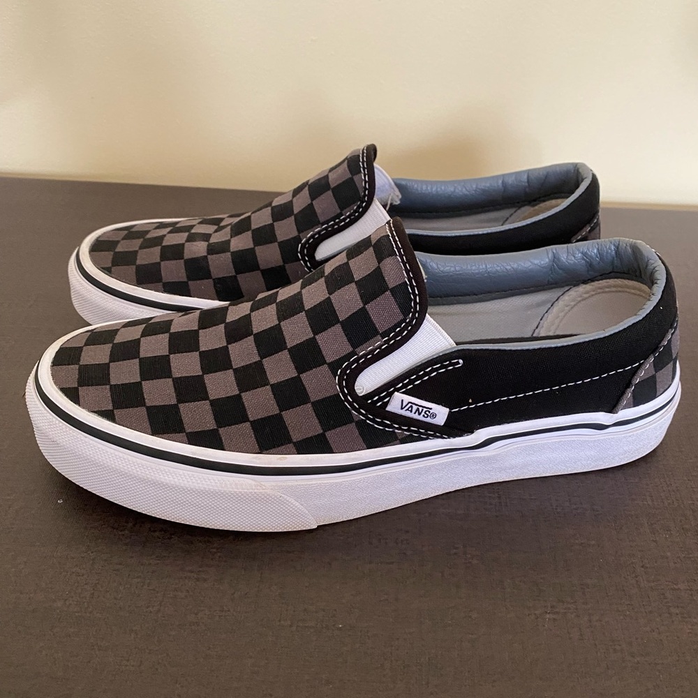 Vans Women's Black and Gray Checkered Slip-On Shoes